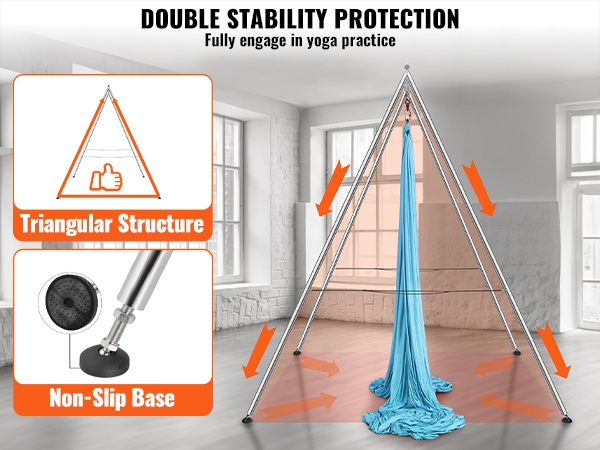 VEVOR aerial yoga frame with triangular structure and non-slip base in a well-lit room.