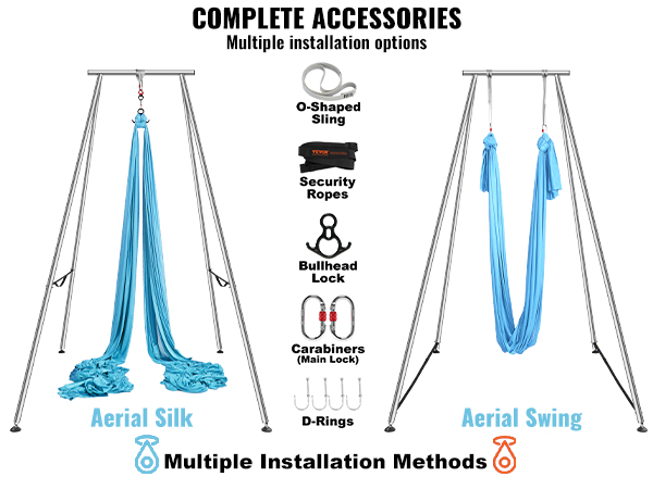 complete accessories for VEVOR aerial yoga frame with aerial silk, swing, and installation options.