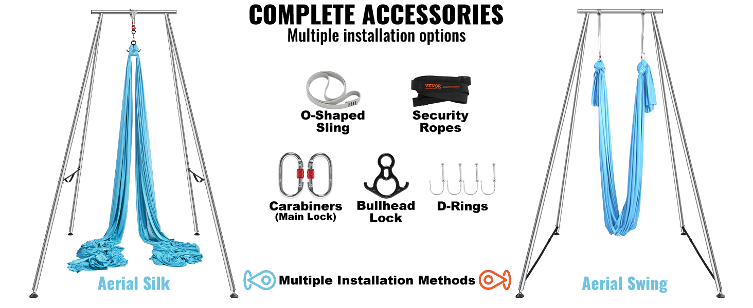 complete accessories for VEVOR aerial yoga frame with aerial silk, swing, and installation options.