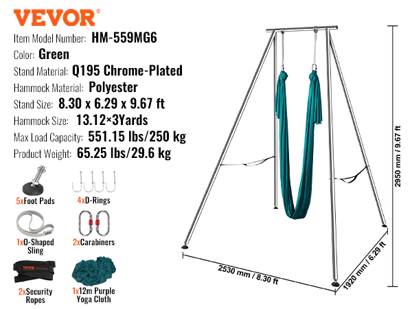 VEVOR aerial yoga frame details, model hm-559mg6, green polyester hammock, q195 chrome-plated stand.