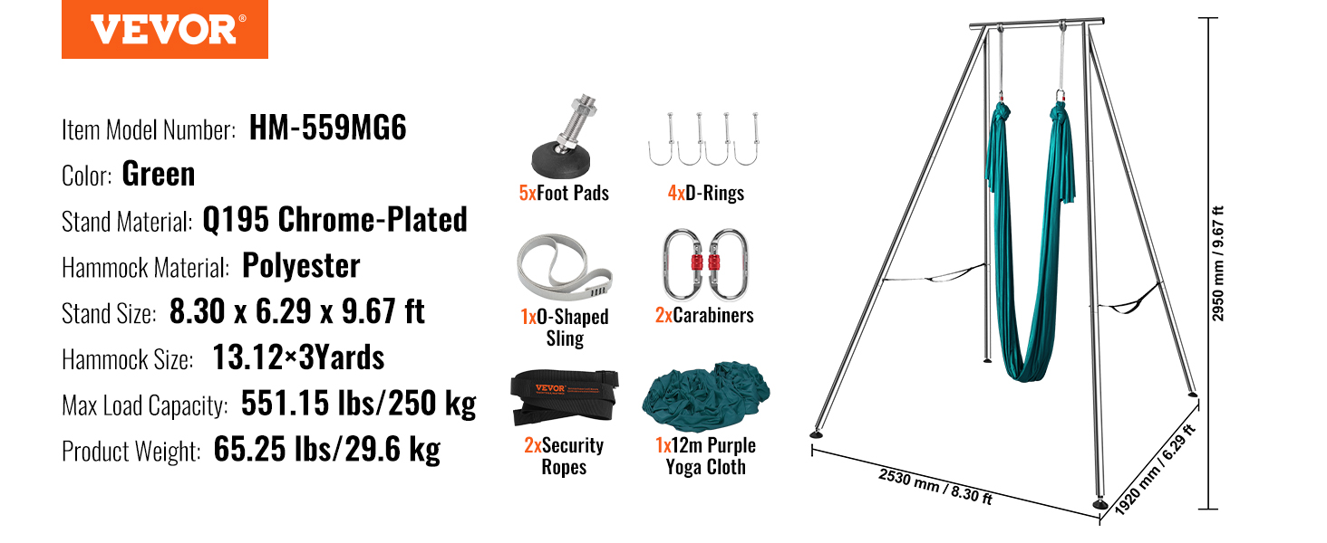 VEVOR aerial yoga frame details, model hm-559mg6, green polyester hammock, q195 chrome-plated stand.