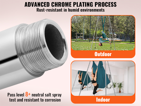 VEVOR aerial yoga frame with advanced chrome plating, rust-resistant for outdoor and indoor use.