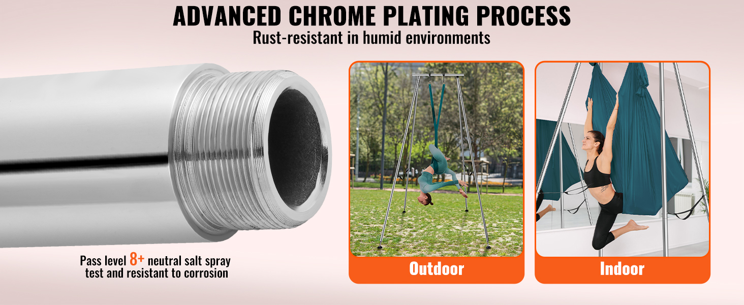 VEVOR aerial yoga frame with advanced chrome plating, rust-resistant for outdoor and indoor use.