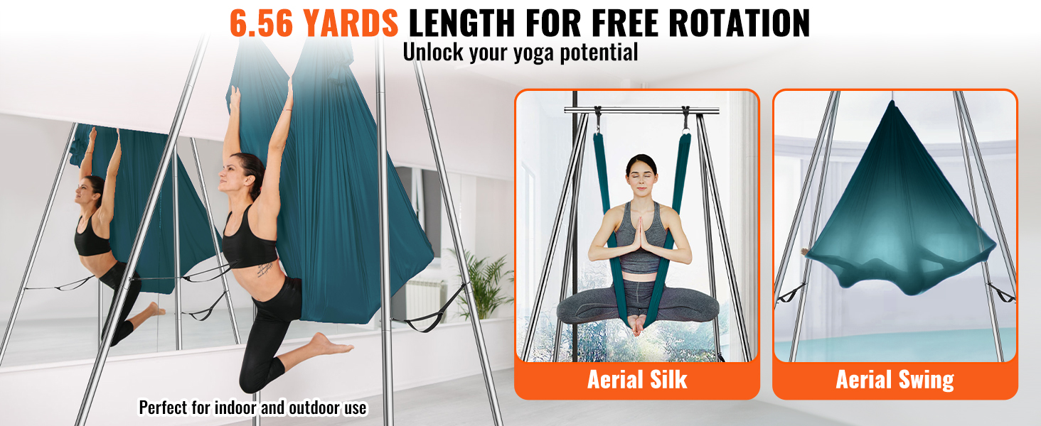 VEVOR aerial yoga frame showcasing aerial silk and aerial swing setups, ideal for indoor and outdoor use.