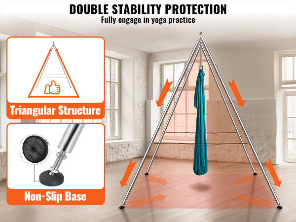 VEVOR aerial yoga frame with double stability protection, featuring non-slip base and triangular structure.