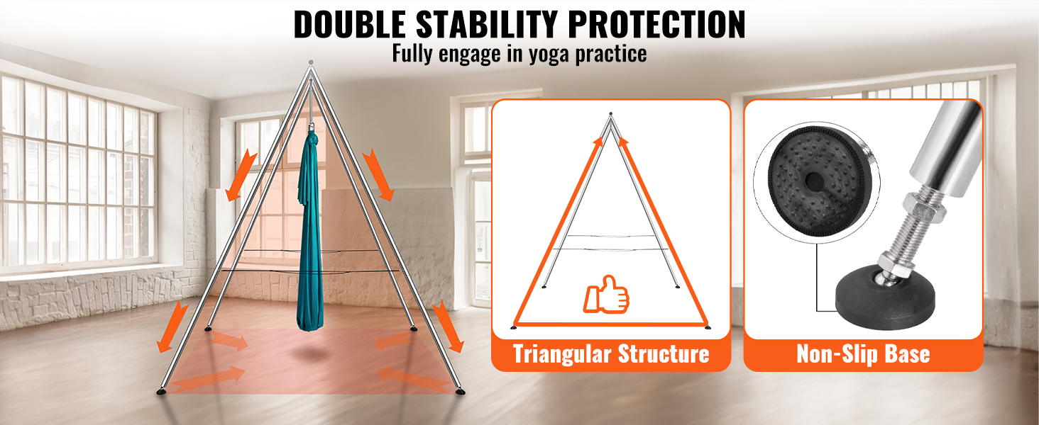 VEVOR aerial yoga frame with double stability protection, featuring non-slip base and triangular structure.