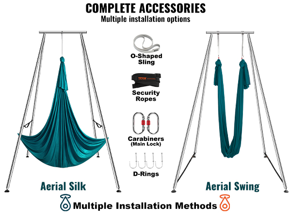 VEVOR aerial yoga frame with aerial silk and swing, complete with o-shaped sling, security ropes, carabiners, and d-rings.