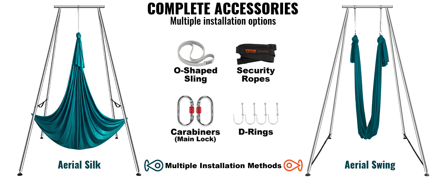 VEVOR aerial yoga frame with aerial silk and swing, complete with o-shaped sling, security ropes, carabiners, and d-rings.