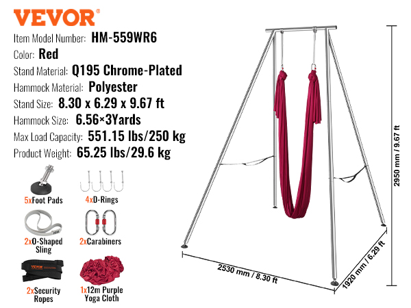 VEVOR aerial yoga hammock stand and accessories, red polyester, q195 chrome-plated material, 551lbs capacity.