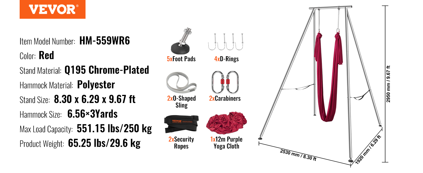 VEVOR aerial yoga hammock stand and accessories, red polyester, q195 chrome-plated material, 551lbs capacity.