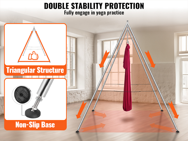 VEVOR aerial yoga hammock setup with triangular frame and non-slip base for double stability protection.