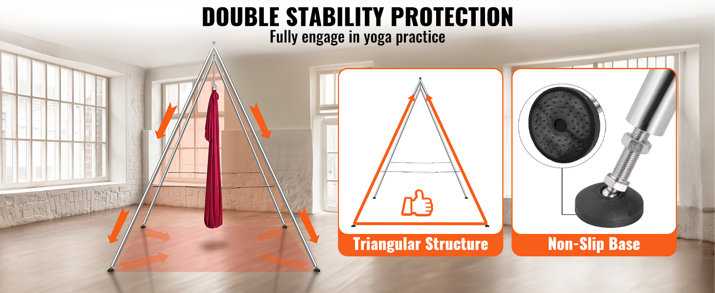 VEVOR aerial yoga hammock setup with triangular frame and non-slip base for double stability protection.