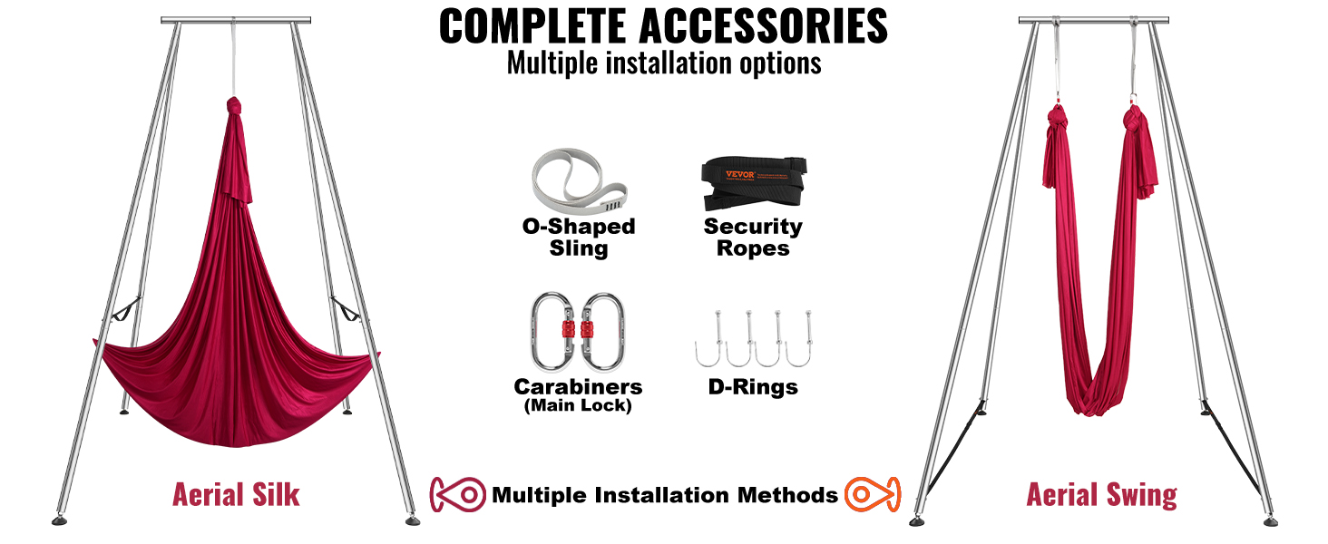 VEVOR aerial yoga hammock with complete accessories, featuring aerial silk, aerial swing, carabiners, d-rings, and security ropes.