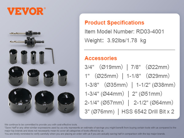 VEVOR hole saw kit with various saw sizes, drill bits, and a storage case, dimensions and specifications.