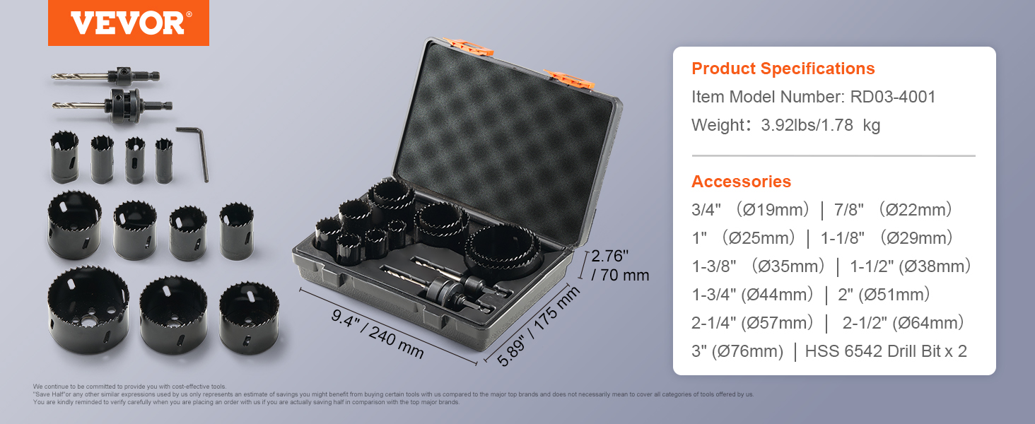 VEVOR hole saw kit with various saw sizes, drill bits, and a storage case, dimensions and specifications.