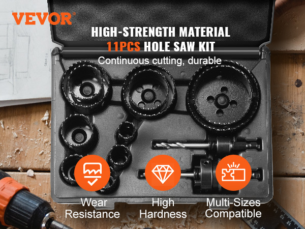 VEVOR hole saw kit, 11pcs high-strength material, durable with wear resistance and high hardness.
