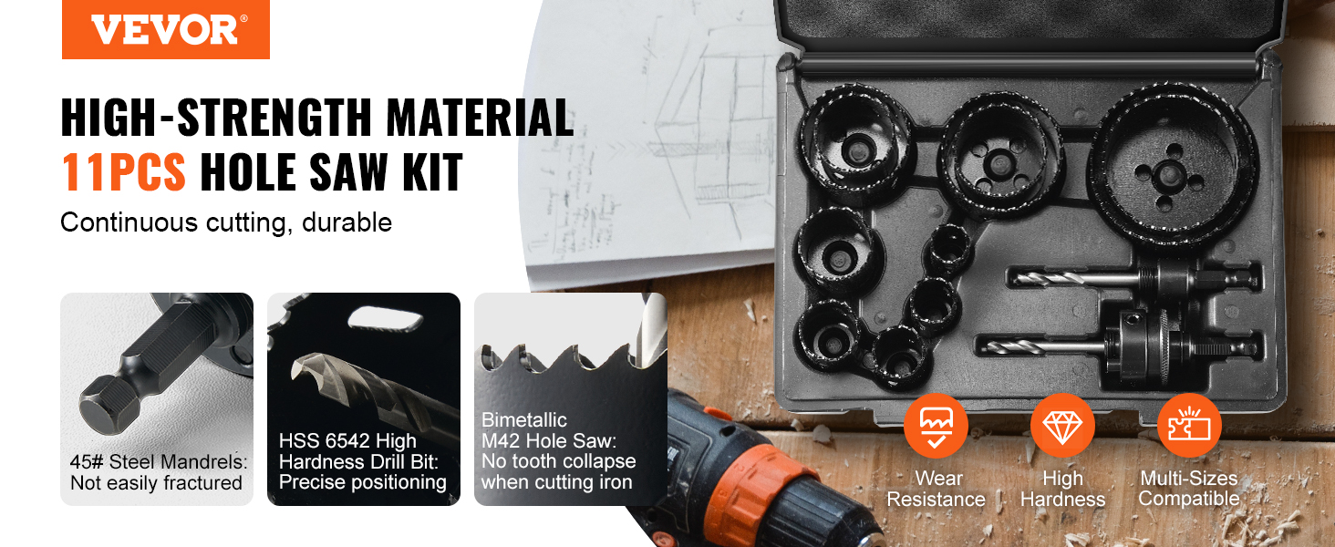 VEVOR hole saw kit, 11pcs high-strength material, durable with wear resistance and high hardness.