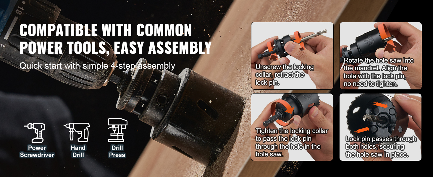 VEVOR hole saw kit compatibility and assembly steps with common power tools, including power screwdriver, hand drill, and drill press.