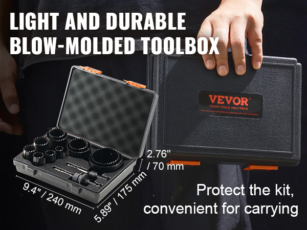 VEVOR hole saw kit in durable blow-molded toolbox, convenient for carrying and kit protection.
