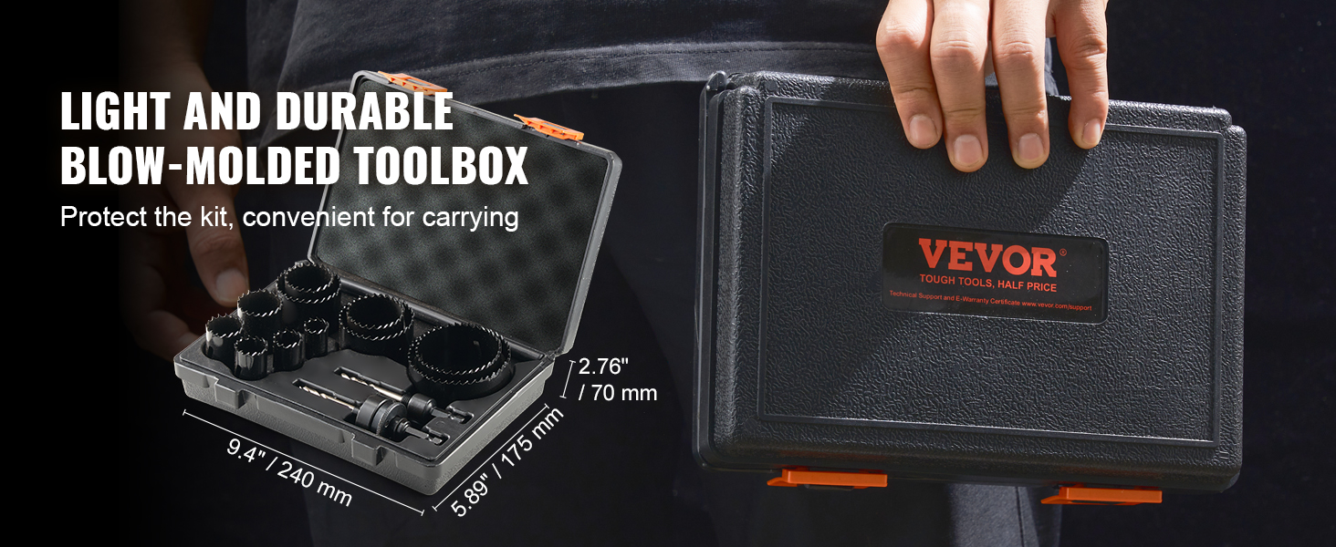 VEVOR hole saw kit in durable blow-molded toolbox, convenient for carrying and kit protection.