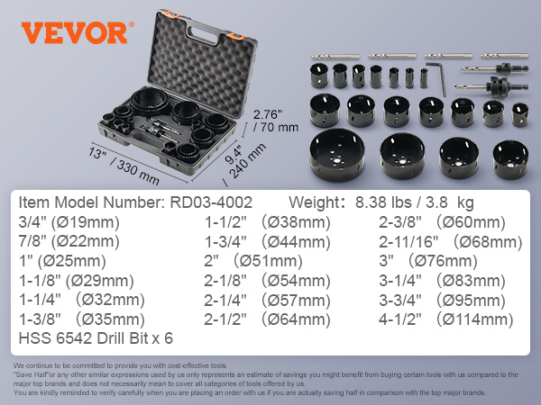 VEVOR hole saw kit with 13 hole saw sizes, drill bits, hex key, and carrying case.
