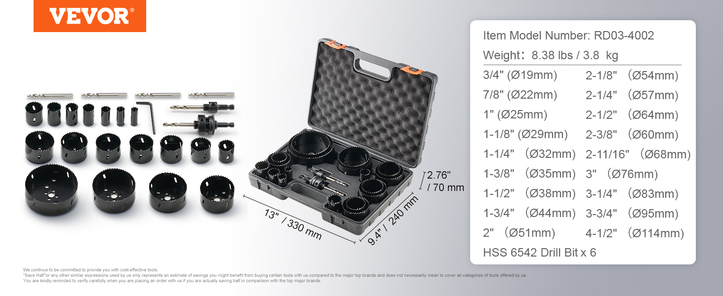 VEVOR hole saw kit with 13 hole saw sizes, drill bits, hex key, and carrying case.