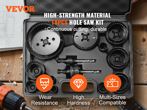 VEVOR hole saw kit with 18 high-strength saw blades, black case, and key accessories for drilling.