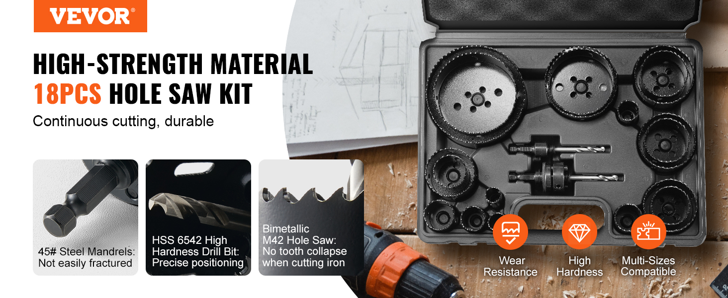 VEVOR hole saw kit with 18 high-strength saw blades, black case, and key accessories for drilling.
