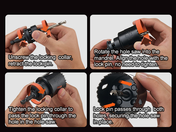 VEVOR hole saw kit assembly guide showing 4-step process with power tools and locking collar.