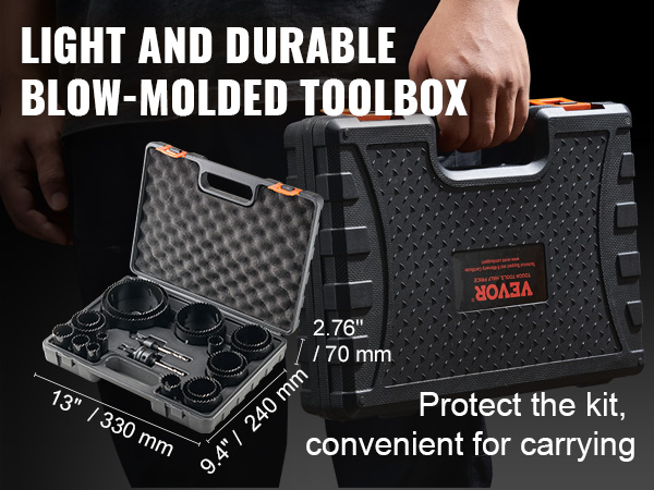 VEVOR hole saw kit in a light, durable blow-molded toolbox with padded interior and ergonomic handle.