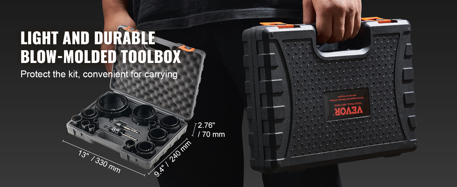 VEVOR hole saw kit in a light, durable blow-molded toolbox with padded interior and ergonomic handle.