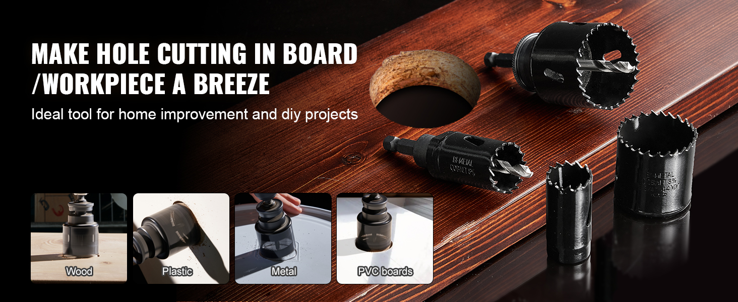 VEVOR hole saw kit; ideal for cutting wood, plastic, metal, and pvc boards for diy projects.
