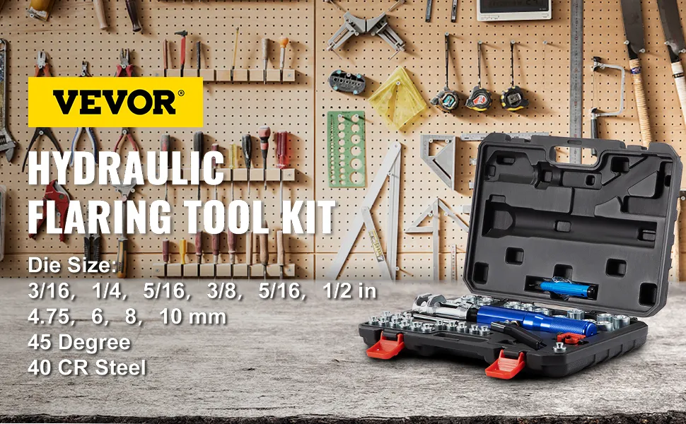 VEVOR hydraulic flaring tool kit in open case on workshop bench with tools on pegboard.