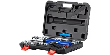 VEVOR hydraulic flaring tool kit in black case with red latches, blue tool inside.