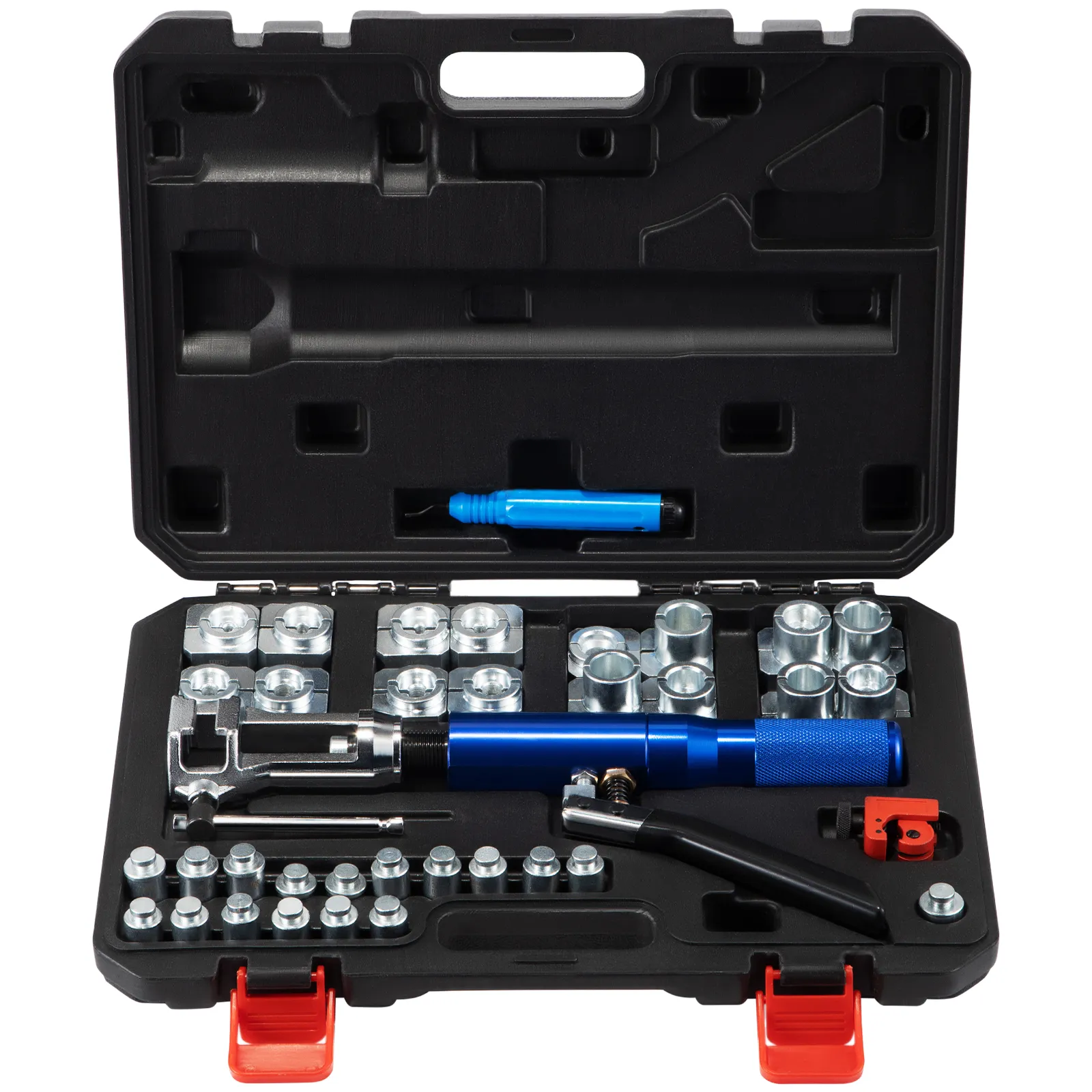VEVOR hydraulic flaring tool kit in an open black case with metal flaring dies.