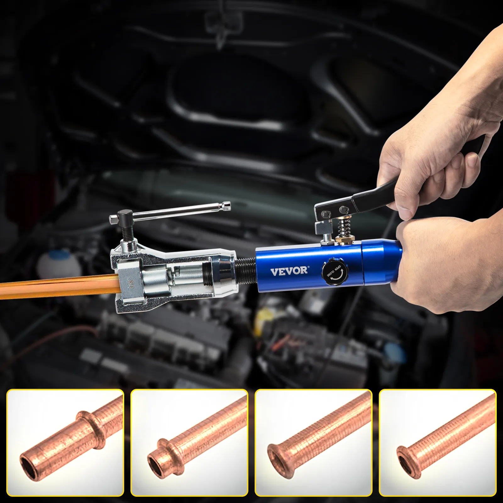 hands using VEVOR hydraulic flaring tool kit with copper pipe in car engine bay.