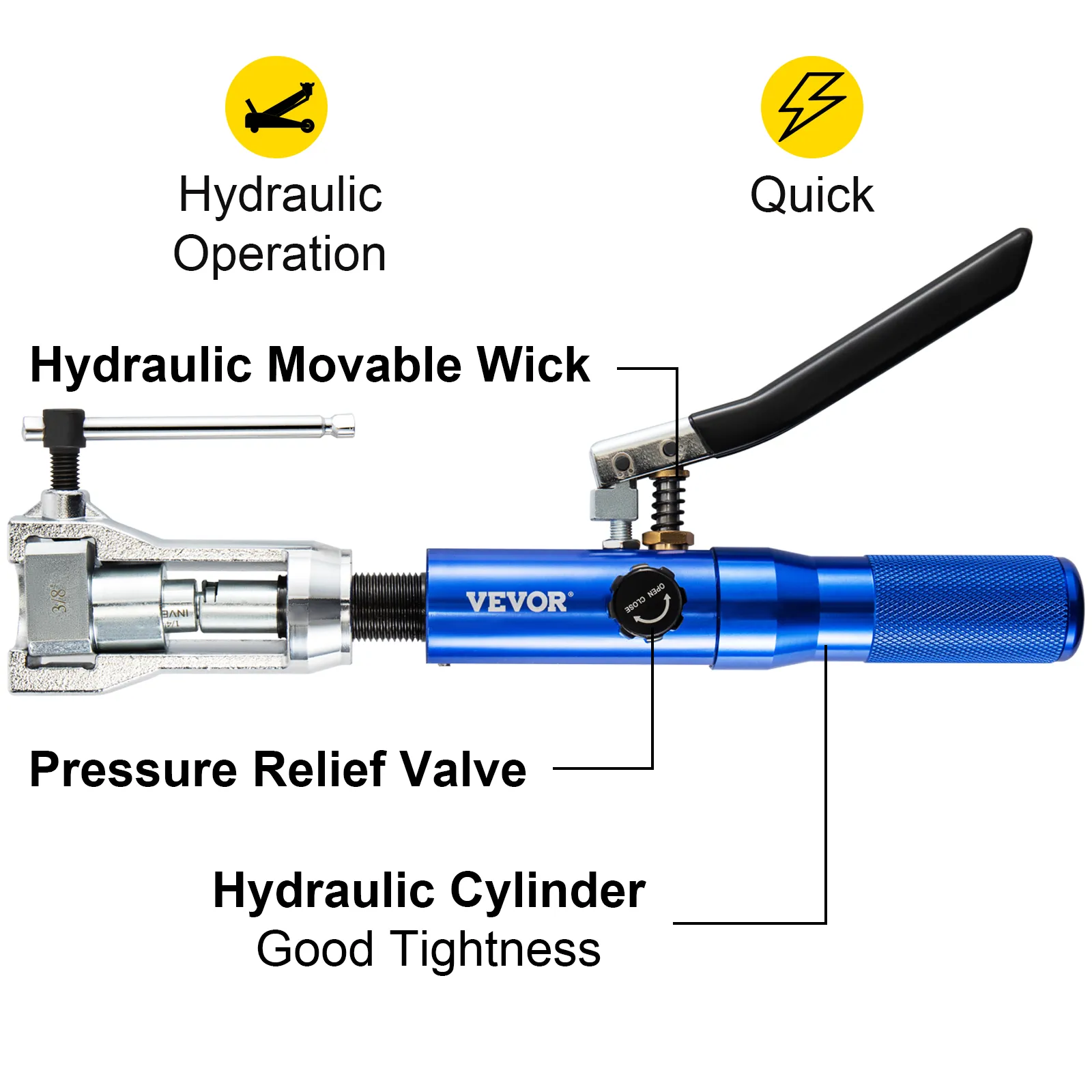 VEVOR hydraulic flaring tool kit with movable wick, relief valve, and cylinder.