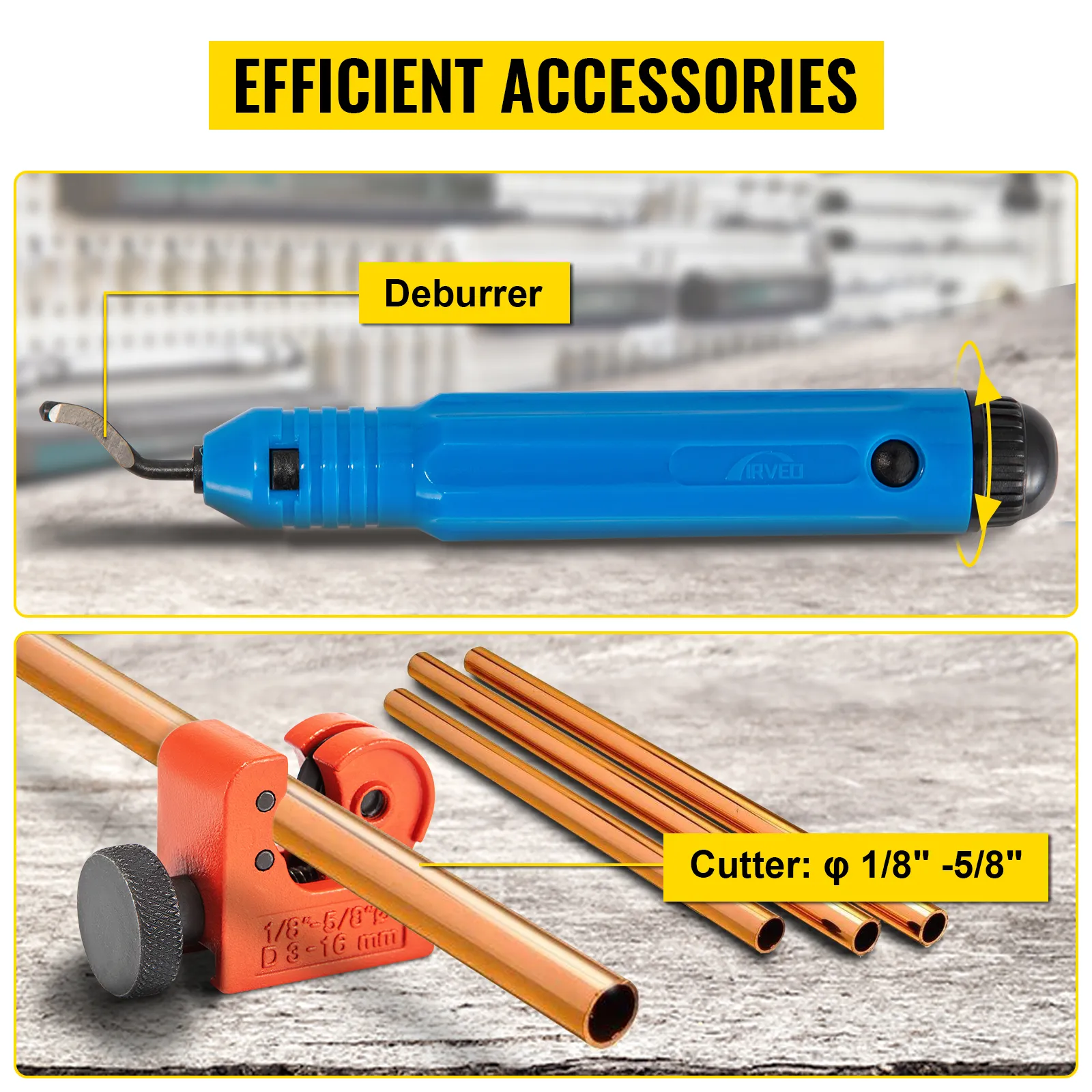 VEVOR hydraulic flaring tool kit with deburrer and cutter for copper tubes.