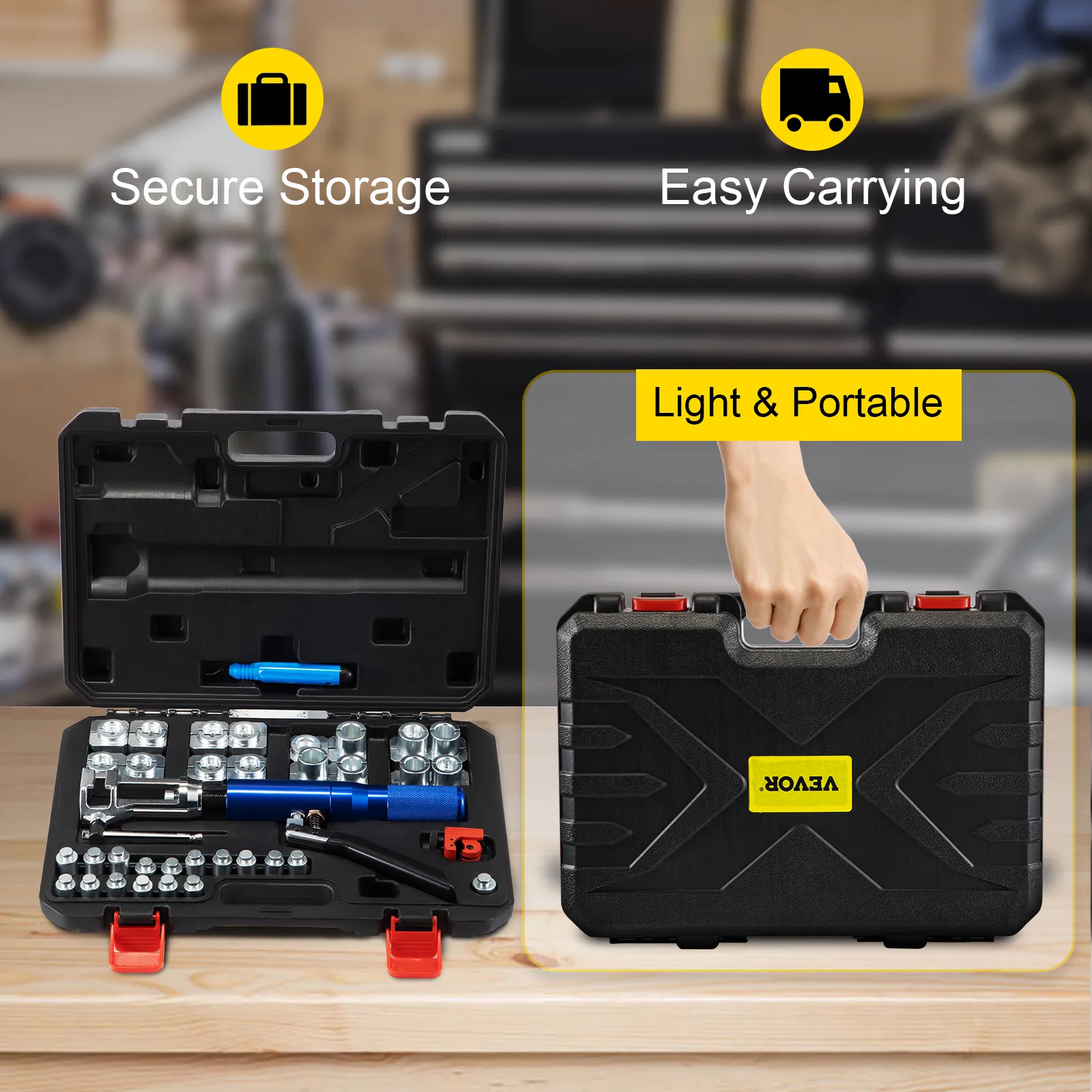 VEVOR hydraulic flaring tool kit with secure storage and easy carrying case.