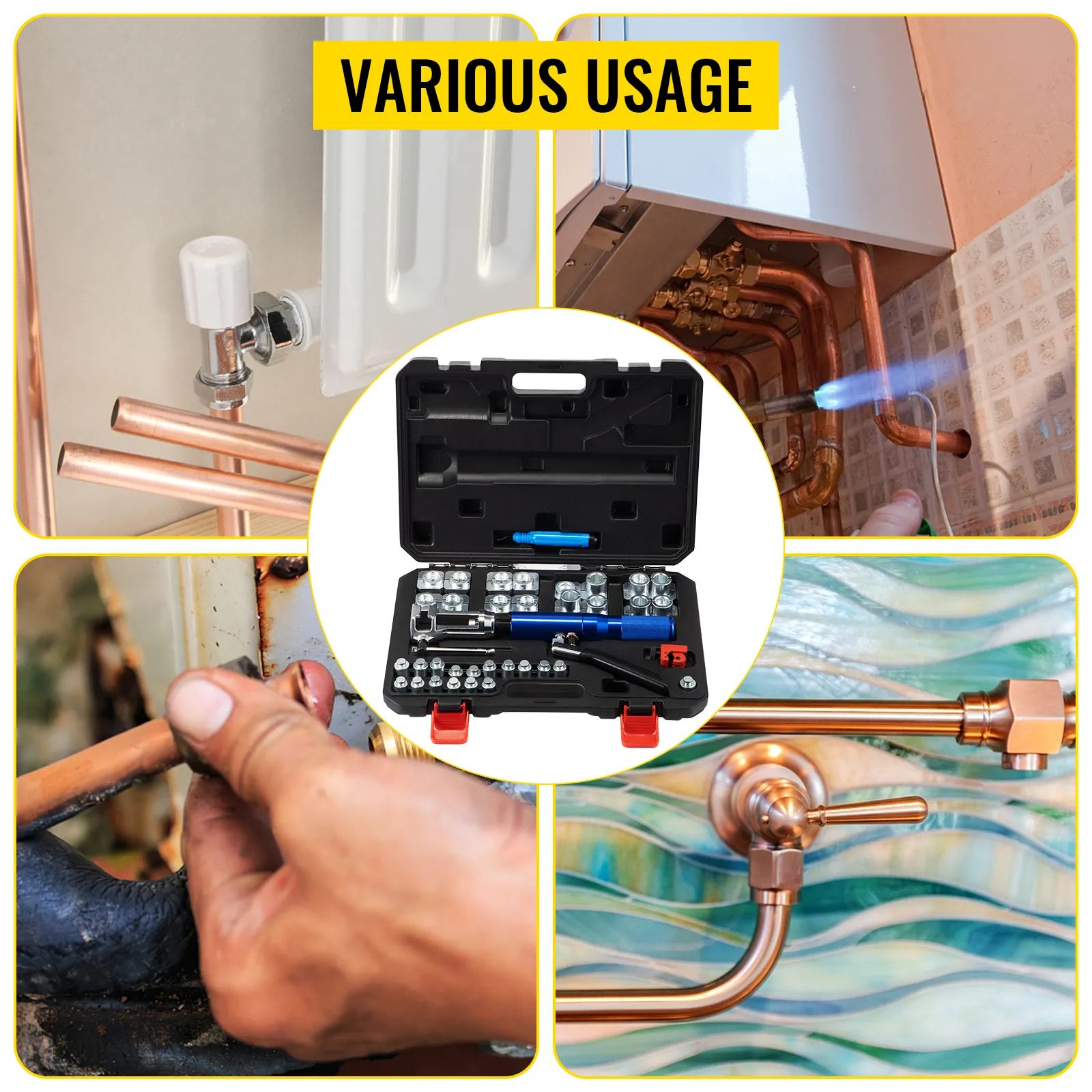 VEVOR hydraulic flaring tool kit with various copper pipe usage scenarios.