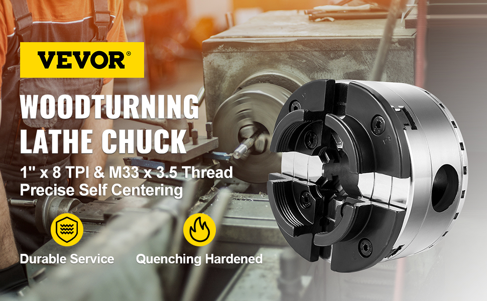 VEVOR woodturning chuck in use with self-centering, quenching hardened features.