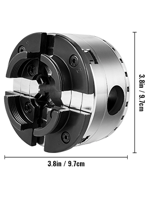 VEVOR woodturning chuck measuring 3.8 inches in diameter and height.