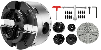 VEVOR woodturning chuck with multiple accessories, including jaw sets and adjustment tools.