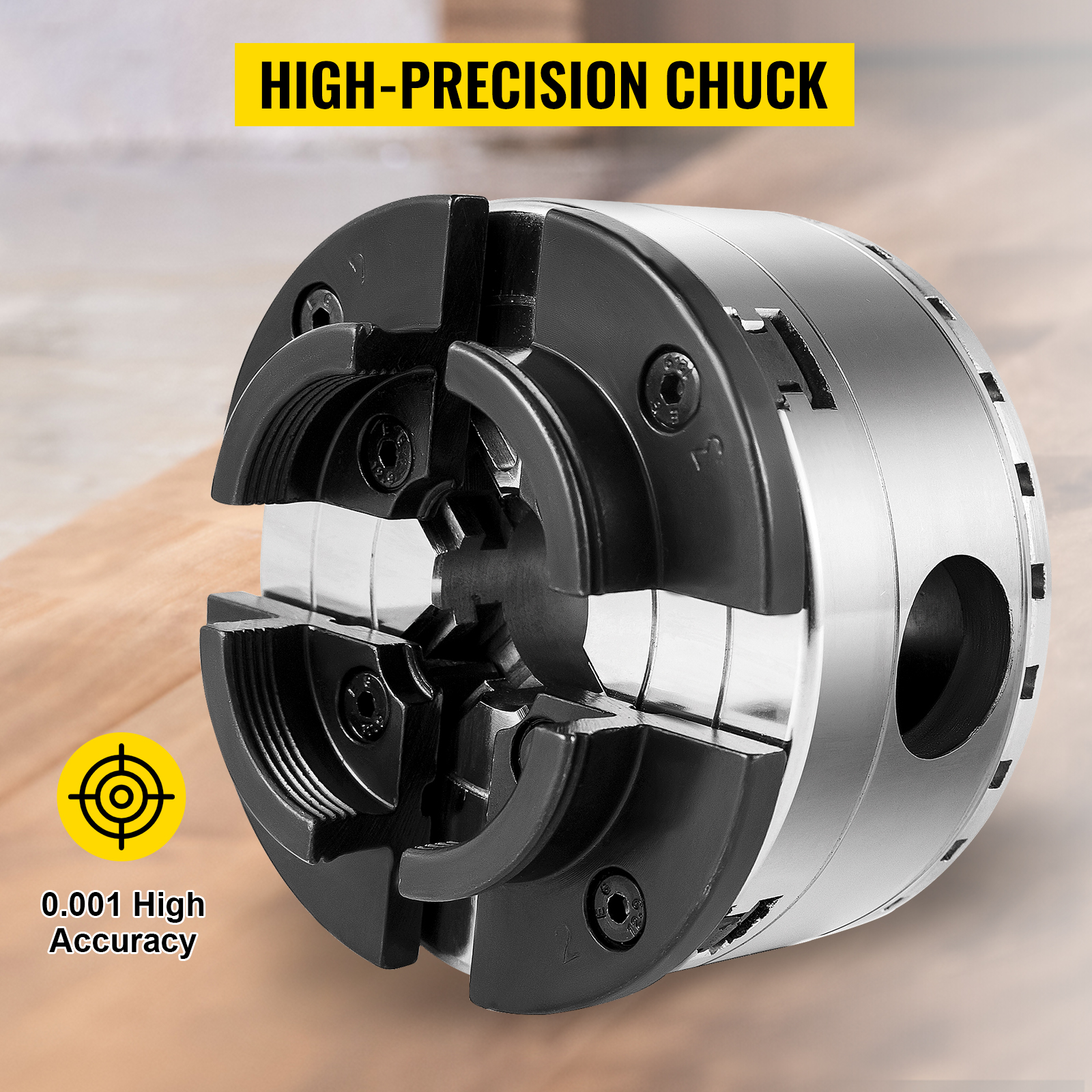 high-precision VEVOR woodturning chuck with 0.001 high accuracy rating.