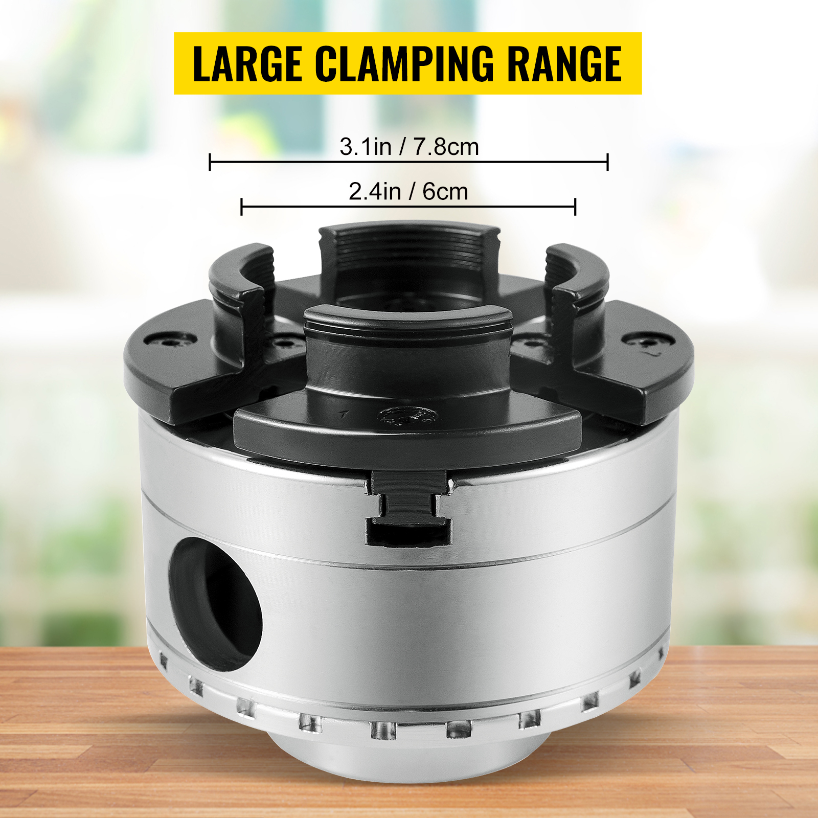 VEVOR woodturning chuck with large clamping range on wooden surface.