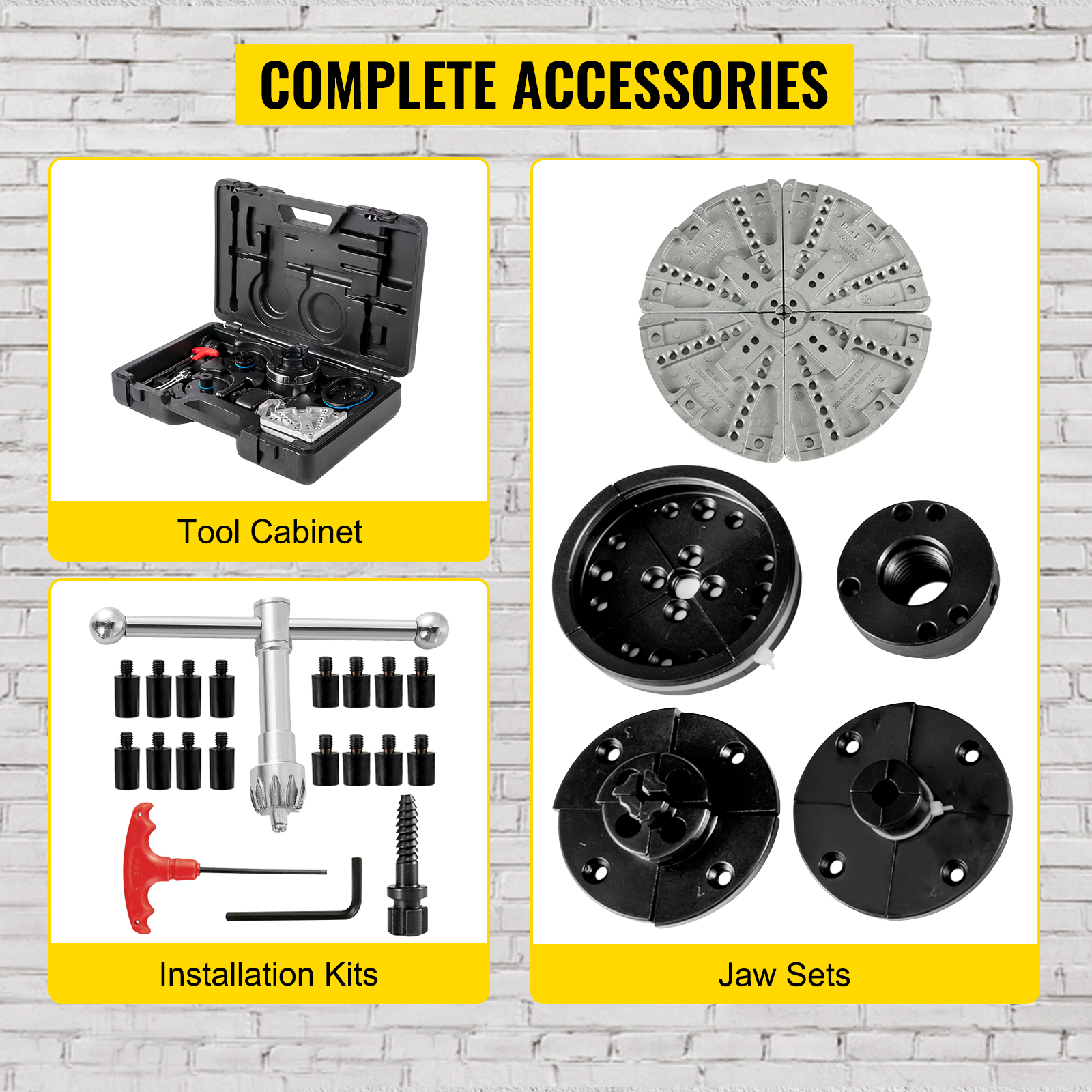 VEVOR woodturning chuck with tool cabinet, installation kits, and jaw sets.