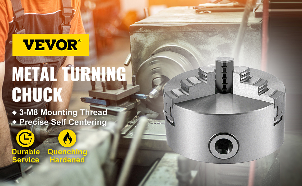 VEVOR lathe chuck for metal turning with 3-m8 mounting thread and precise self-centering design.