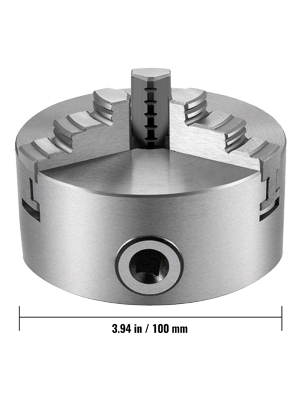 VEVOR lathe chuck, 3.94-inch diameter, steel, with adjustable jaws.