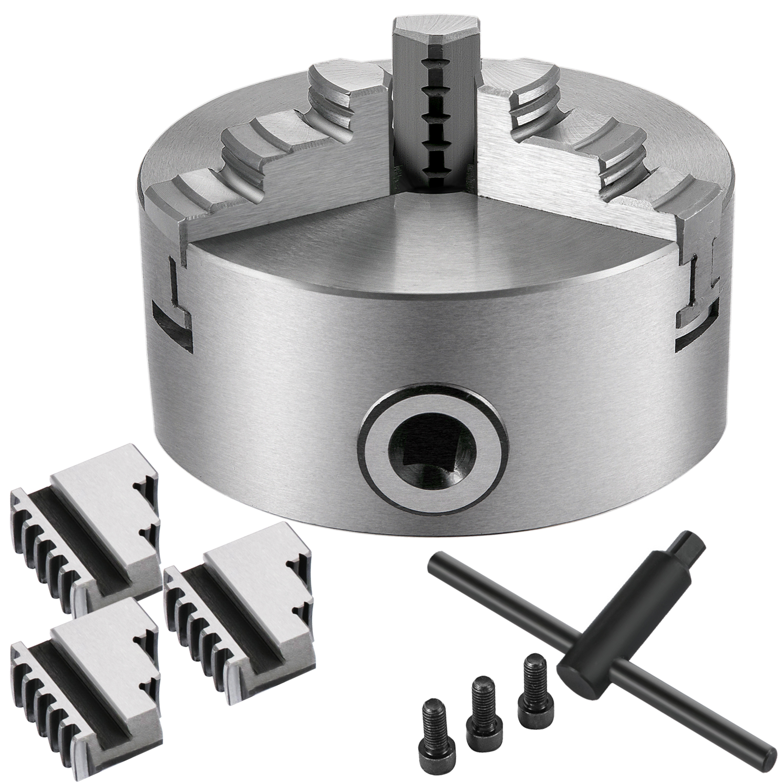 VEVOR lathe chuck with accessories including jaws, t-handle, and screws.