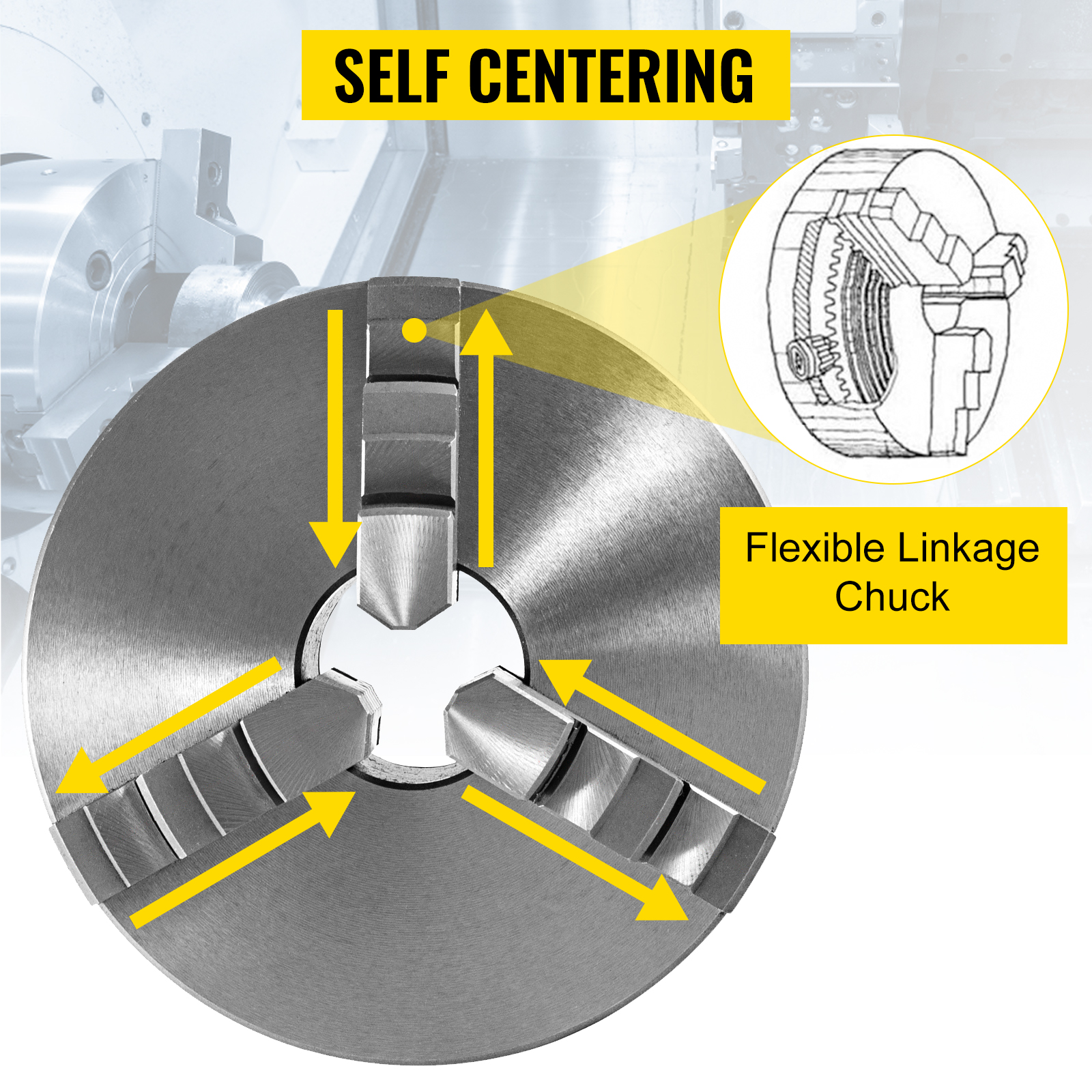 VEVOR lathe chuck with self-centering and flexible linkage chuck design.